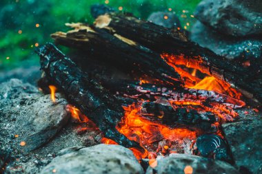 Yanan odun odunları yakın plan ateşte yanmış. Atmosferik arka plan ve turuncu kamp ateşi. Şenlik ateşinin tam kare görüntüsü. Parlayan közlerin sıcak kasırgası ve havada küller. Bokeh kıvılcımları