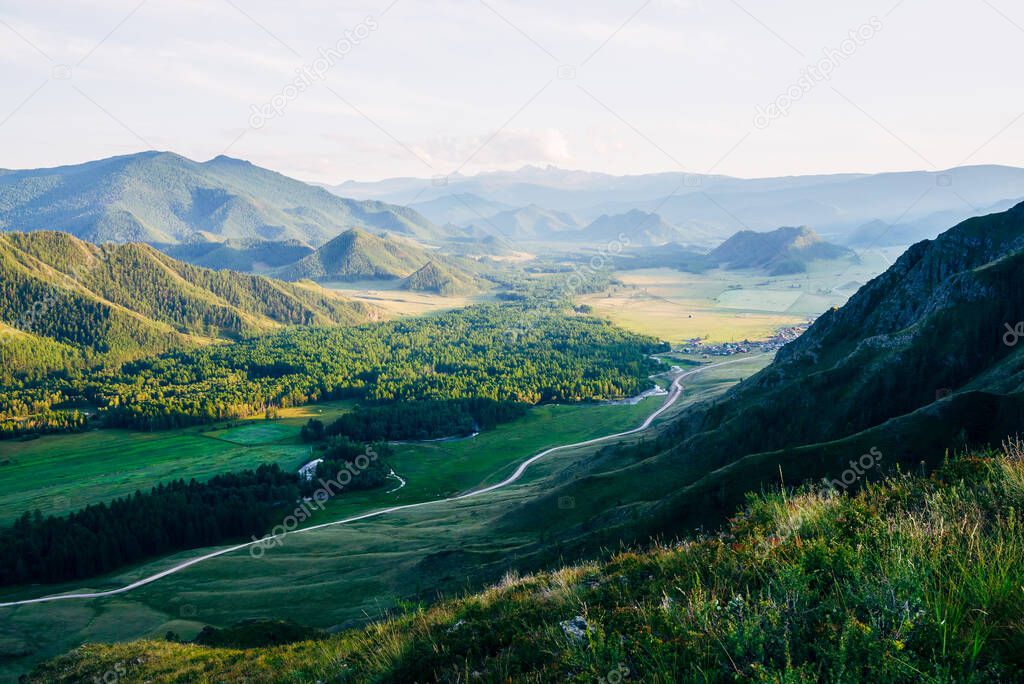 Wonderful view from hill with motley grasses and flowers to village among great forest mountains in evening light. Beautiful green alpine scenery. Amazing green mountain land. Countryside in sunlight.