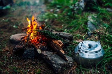 Kamp ısıtıcısı kamp ateşinin yanında. Vahşi doğada rahat bir kamp yeri. Kamp ateşinin harika akşam atmosferik arka planı. Küçük sihirli şenlik ateşinin güzel alevi. Ateşli romantik sıcak bir yer.