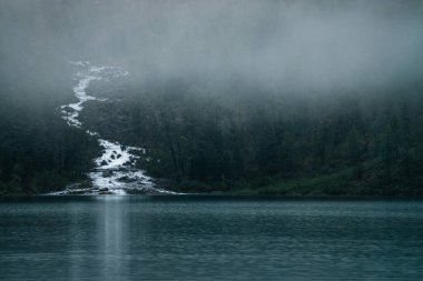 Hızlı dere ağaçların arasından akar ve dağ gölüne akar. Dağlık gölü ve alçak bulutlar arasında karanlık ormanı olan kasvetli, sisli bir manzara. Yoğun sisli kozalaklı kozalaklı Alp atmosfer manzarası.