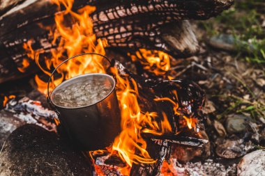 Çaydanlık yanıyor. Vahşi doğada yemek pişirmek. Şenlik ateşinde büyük, güzel bir kütük yanığı. Vahşi doğada hayatta kalmak. Caldron 'lu harika bir alev. Esrar yanıyor. Kamp ateşi arka planı.