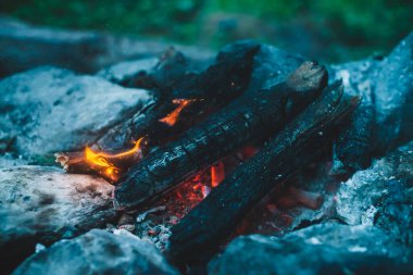Yanan odun odunları yakın plan ateşte yanmış. Atmosferik sıcak arka plan, turuncu kamp ateşi ve mavi duman. Şenlik ateşinin tam kare görüntüsü. Közlerin güzel kasırgası ve küller havada