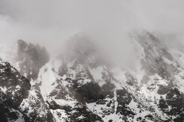 Atmosferik minimalist dağ manzarası ve karlı dağ zirvesi. Kar sınırına yakın alçak bulutlar. Karlı ve sisli kayalar. Sisli Craggy Dağları. Yüksek irtifada görkemli sisli manzara