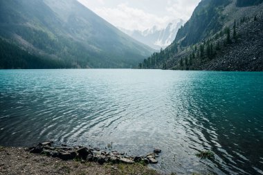 Karlı dağların arkasındaki dağ gölünün berrak, masmavi sularında meditasyon yapan dalgalara inanılmaz bir bakış açısı. Alp göllü atmosfer manzarası. Rahat dalgalı şeffaf turkuaz su.