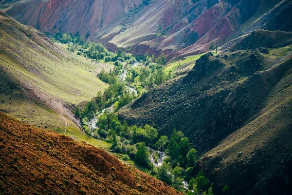 Güzel Dağ Nehri Çok Renkli Kil Tepeler Arasındaki Vadide Yeşil — Stok fotoğraf