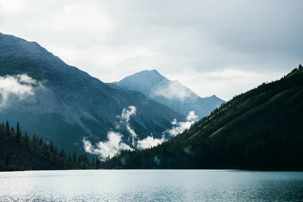 Piękny Alpejski Krajobraz Górskim Jeziorem Pobliżu Lasu Tle Ogromnych Gór — Zdjęcie stockowe