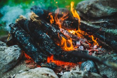 Yanan odun odunları yakın plan ateşte yanmış. Atmosferik sıcak arka plan, turuncu kamp ateşi ve mavi duman. Şenlik ateşinin hayal edilemez tam kare görüntüsü. Güzel ateşte yanan odunlar.