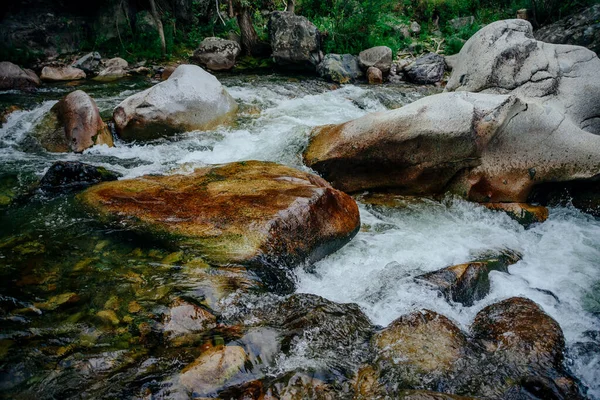 Naturkulisse Mit Kaskaden Von Gebirgsbächen Nahaufnahme Landschaftlich Reizvolle Landschaft Mit — Stockfoto