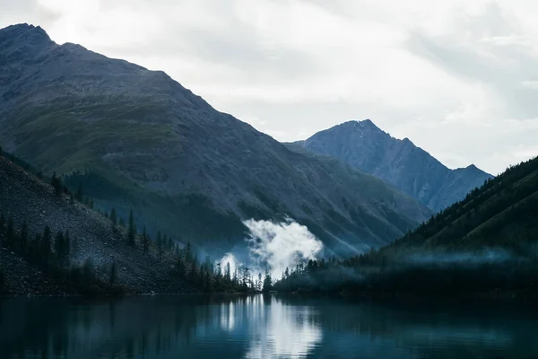 Пейзаж Горным Озером Рядом Лесом Фоне Огромных Гор Пасмурную Погоду — стоковое фото