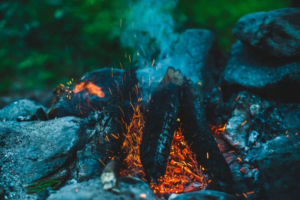 Des Bois Chauffage Brûlés Par Feu Brûlaient Gros Plan Fond — Photo