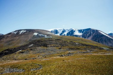 Yeşil tepenin arkasındaki karlı dağların muhteşem manzarası. Mavi gökyüzünün altındaki büyük buzullar. Karlı dev dağları olan muhteşem canlı dağlık bir manzara. Buzul dağlarıyla güzel dağ manzarası.