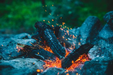 Yanan odun odunları yakın plan ateşte yanmış. Atmosferik arka plan ve turuncu kamp ateşi. Bokeh 'te kıvılcımlar saçan şenlik ateşinin tam kare görüntüsü. Parlayan közlerin sıcak girdabı ve havadaki küller