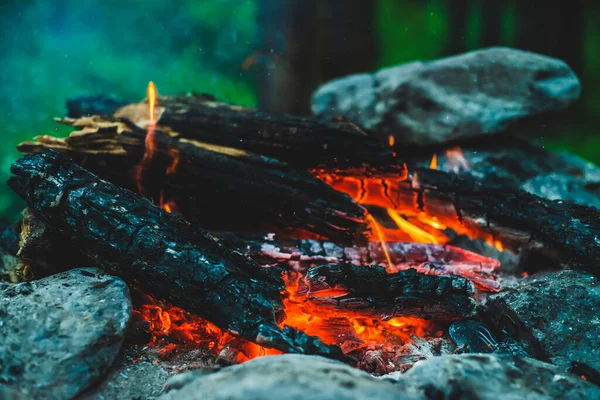 Vivid Smoldered Firewoods Burned Fire Close Atmospheric Warm Background Orange — Stock Photo, Image