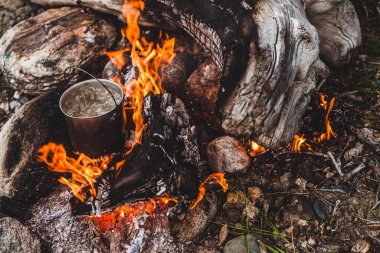 Çaydanlık yanıyor. Vahşi doğada yemek pişirmek. Şenlik ateşinde büyük, güzel bir kütük yanığı. Vahşi doğada hayatta kalmak. Caldron 'lu harika bir alev. Esrar yanıyor. Kamp ateşi arka planı.