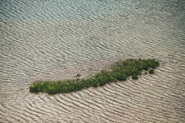 Mała Zielona Wysepka Trawą Kwiatami Wśród Spokojnej Wody Jeziora Złocistym — Zdjęcie stockowe