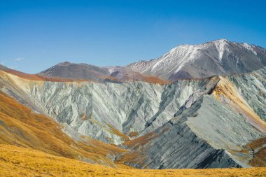Karla kaplı dağ ve turuncu ve leylak renkli gri kayalıklarla kaplı çok renkli sonbahar manzarası. Sonbaharda keskin dağ sırtına muhteşem renkli bir manzara. Motley dağ manzarası Sonbahar renklerinde.
