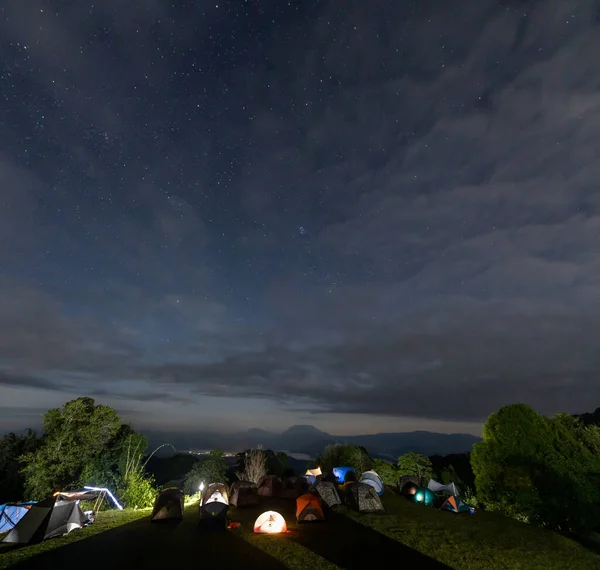 This is the photo of camping tent at night under stars and sky in Chiang Mai, Thailand