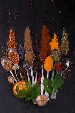 Taş masada çeşitli baharat kaşıkları. Kopyalama alanı olan üst görünüm.