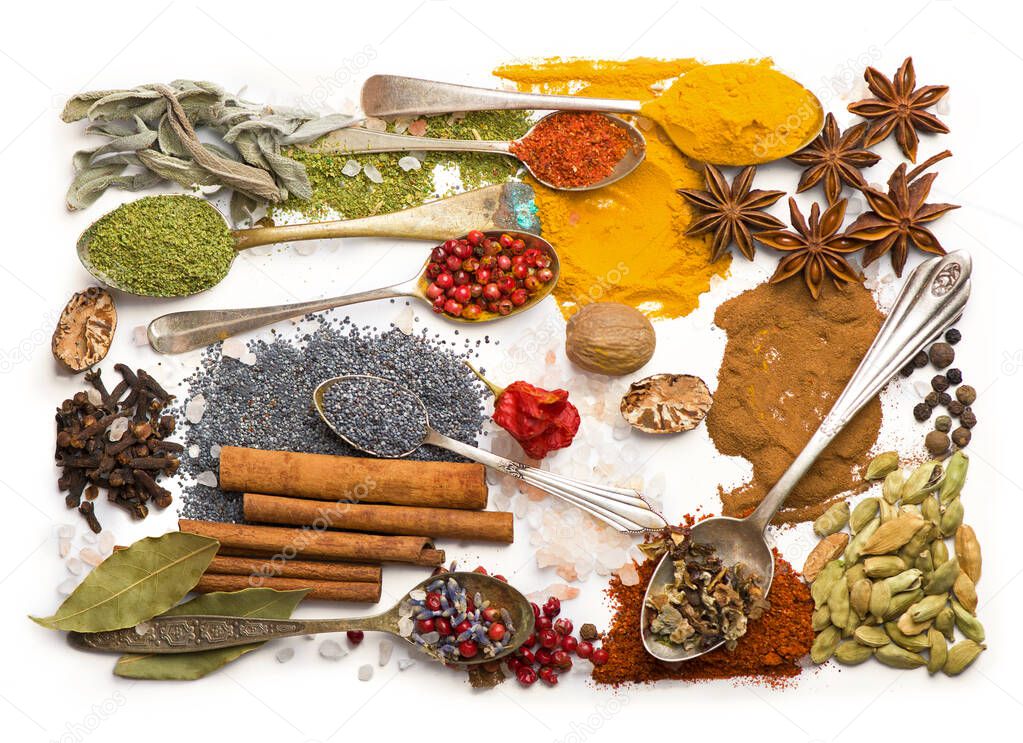 spices and herbs on white background. top view