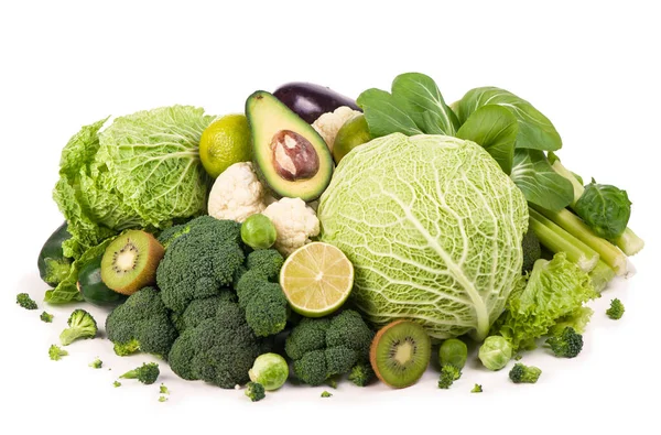 Group Green Vegetables Fruits White Background — Stock Photo, Image