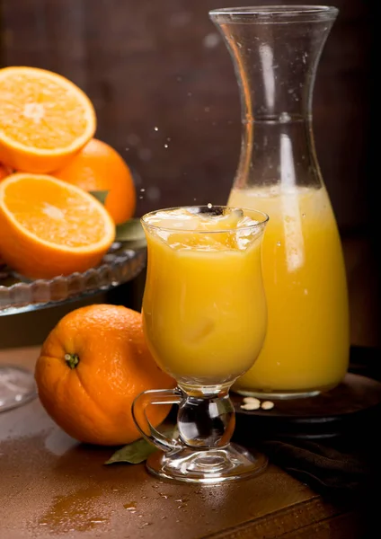 Glass Fresh Orange Juice Fresh Fruits Wooden Table — Stock Photo, Image