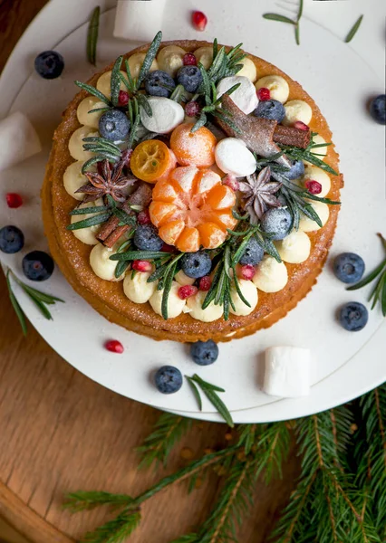 Gâteau Décoré Noël Nouvel Avec Glaçage Fromage Crème Canneberges — Photo
