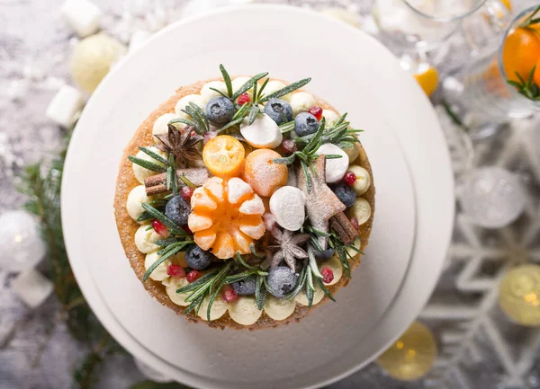 Gâteau Décoré Noël Nouvel Avec Glaçage Fromage Crème Canneberges — Photo