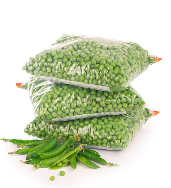 Состав Органическими Замороженными Овощами Белом Фоне Зеленый Горошек Упаковке — стоковое фото