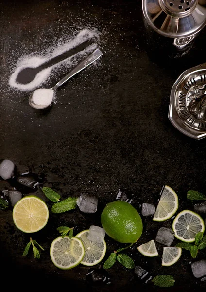 Bar Accessories Ingredients Cocktail Drink Lime Mint Ice — Stock Photo, Image