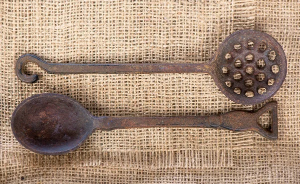 Vecchi Utensili Cucina Vintage Vista Dall Alto Con Spazio Copia — Foto Stock