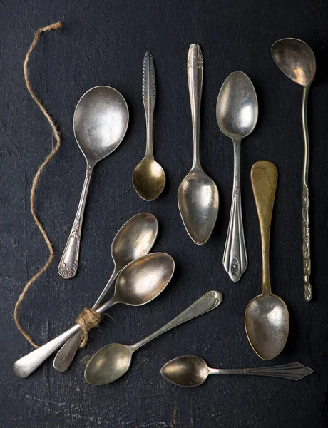 Flat Lay Placed Black Background Empty Wooden Spoon Five Pieces — Stock Photo, Image