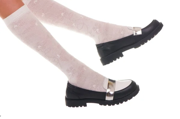 Μαύρο Λάμψη Δερμάτινα Κοριτσίστικα Παπούτσια Απομονώνονται Λευκό — Φωτογραφία Αρχείου