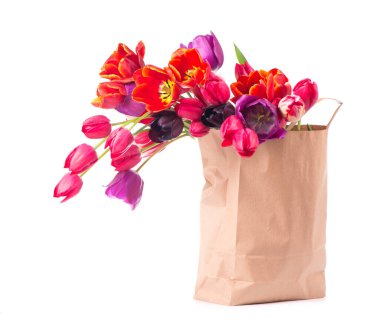 Beyaz arka planda kağıt bir çantada renkli laleler