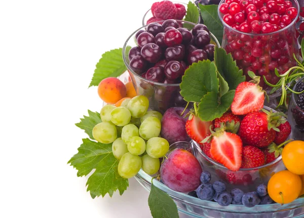 Different Summer Berries Red Currant Gooseberry Raspberry Glass Trays Sorted — Stock Photo, Image