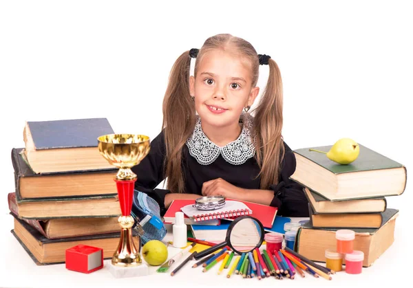 Colegiala Con Libros Útiles Escolares Aislados Sobre Fondo Blanco — Foto de Stock