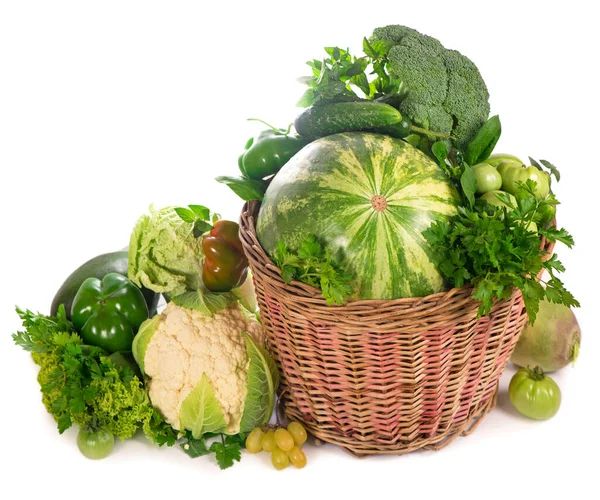 Fresh Green Vegetables Wicker Basket — Stock Photo, Image