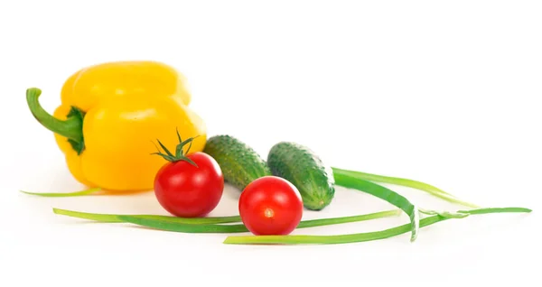Cucumbers Peppers Tomatoes Green Onions Isolated White — Stock Photo, Image