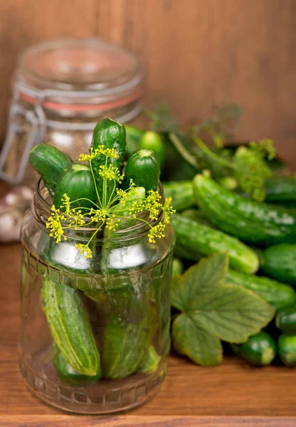 Matbakgrund Gurkor Med Vitlök Salt Dill Och Tom Glasburk För — Stockfoto