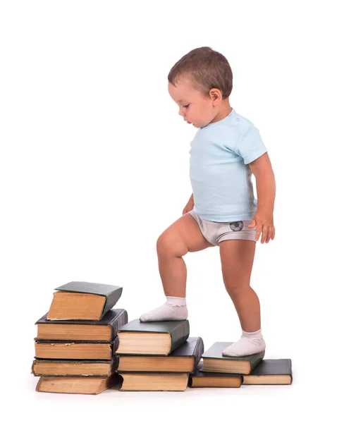 Niño Con Libros Para Retrato Educativo Aislado Sobre Fondo Blanco —  Fotos de Stock