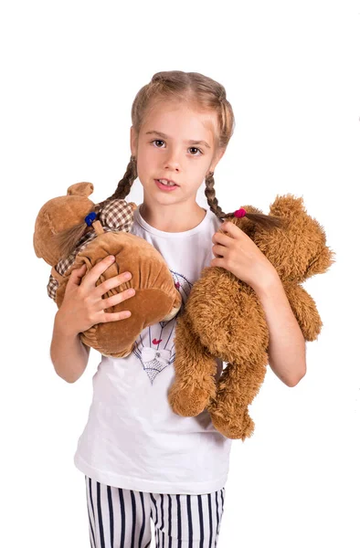 Kleines Mädchen Mit Einem Teddybär Vereinzelt Auf Weißem Hintergrund Mädchen — Stockfoto