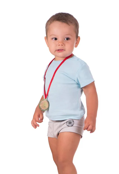 Sports Success Victory Concept Smiling Boy Champion Athlete Holding First — Stock Photo, Image