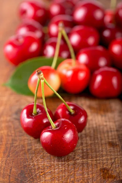 Cherries Wooden Table Water Drops Macro Background Stock Picture