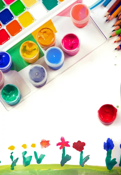 Paints Brush Painting Gouache Bright Colored Jars Hobbies Entertainment Children — Stock Photo, Image