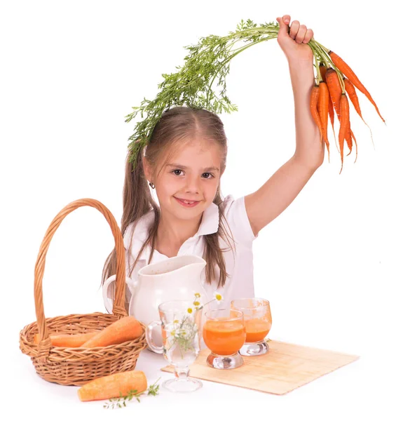 Bella Ragazza Bionda Con Bicchiere Succo Carota — Foto Stock