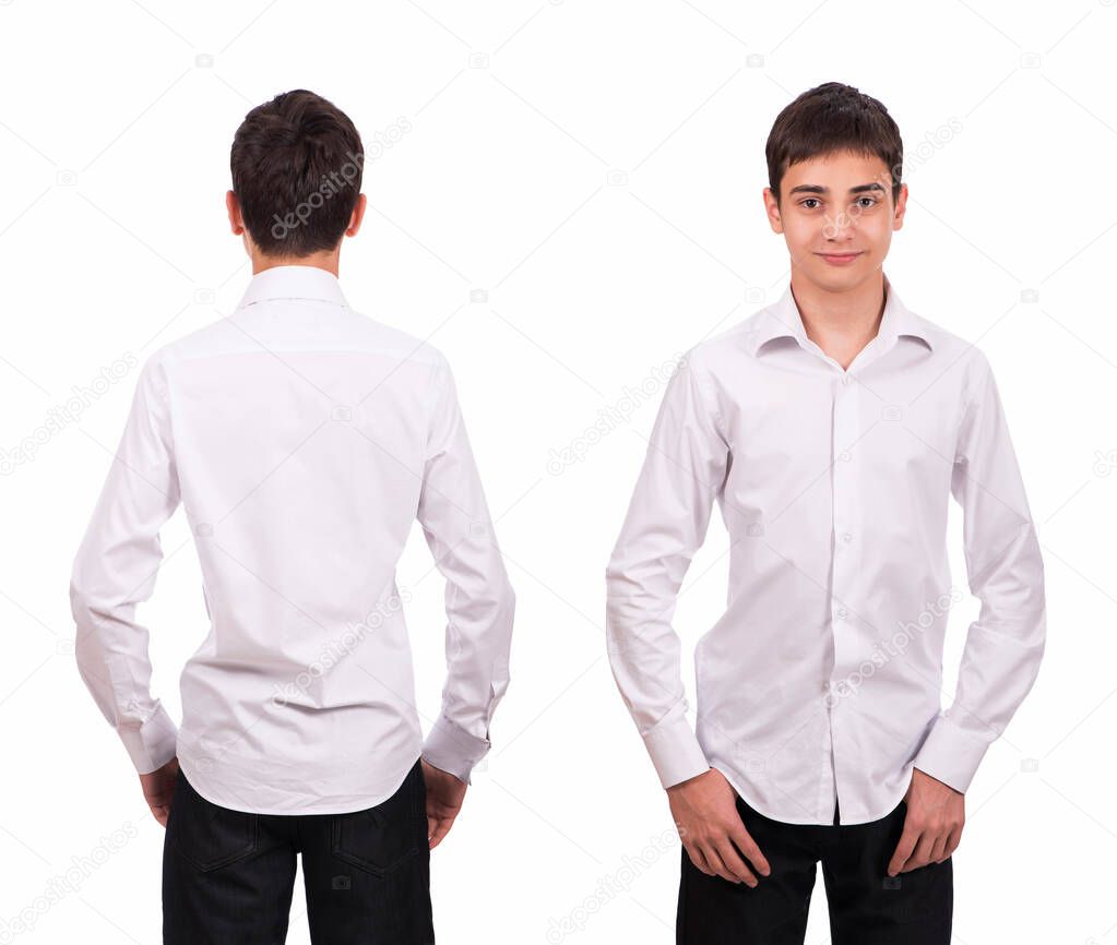 teenager, boy, schoolboy in a white shirt on a white background - front and back view