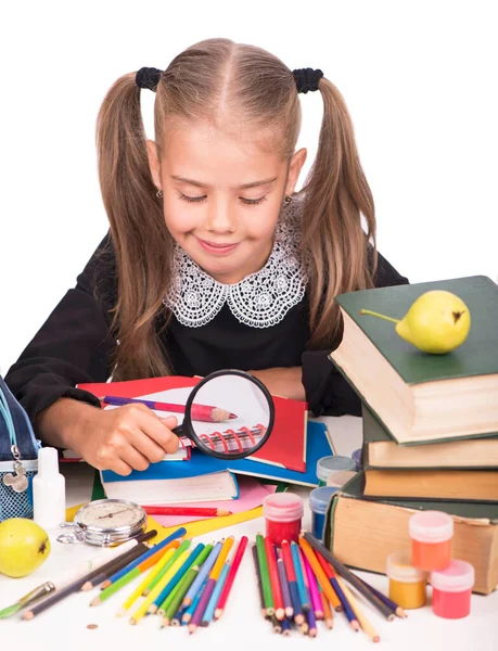 Caucasian child girl with school supplies stationary isolated on white background. — Stock Photo, Image