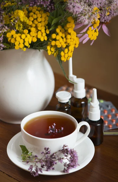 Hierbas medicinales, miel, té de hierbas — Foto de Stock