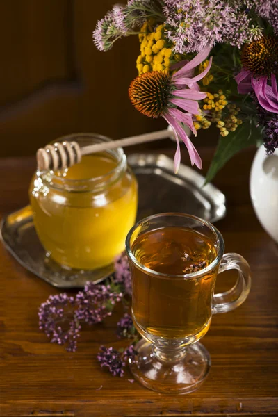Medicinal herbs, honey, herbal tea — Stock Photo, Image