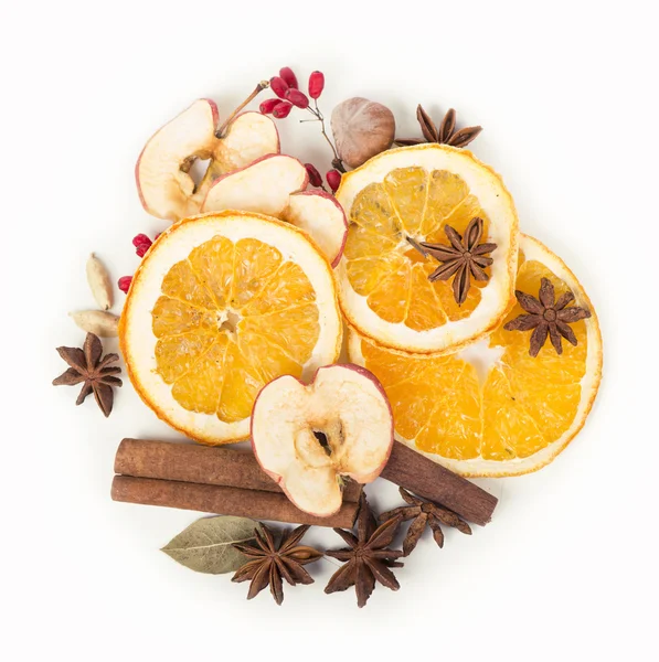 Christmas spices and dried orange sliceson — Stock Photo, Image