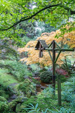 CHESHIRE, İngiltere - 14 Ekim 2020: Tatton Park, İngiltere 'de eski ahşap kova ve su koluyla Japon bahçesinin manzaralı köşesi.